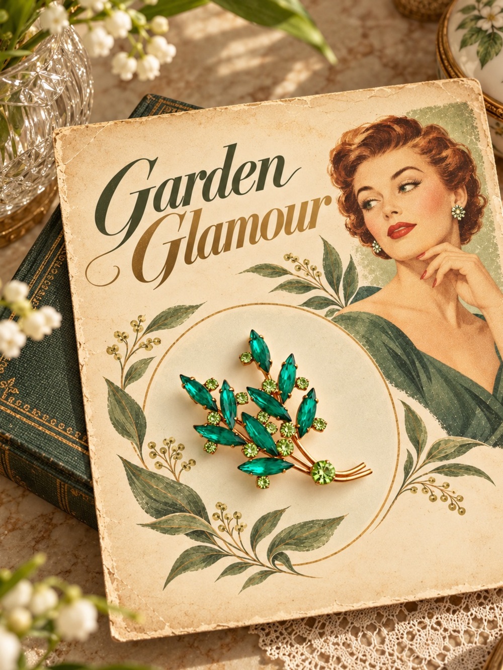 Vintage Green Rhinestone Leaf Spray Brooch Gold Tone